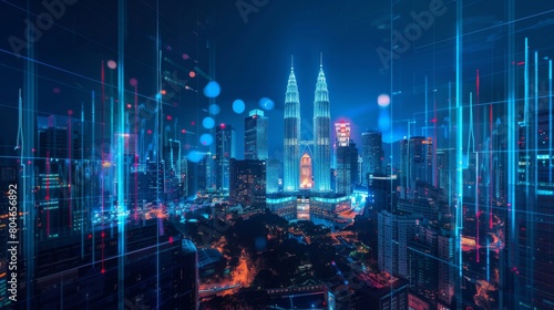 Stock market graph hologram, night panorama city view of Kuala Lumpur. KL is popular location to gain financial education in Malaysia, Asia. The concept photo