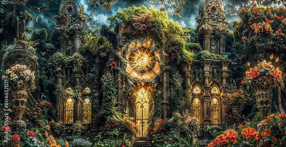 Fototapeta premium Enchanted Gothic Temple Engulfed in Flourishing Gardens
