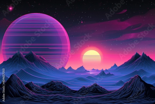 Retro 80s sci-fi futuristic city landscape background inspired by the style of the 1980s