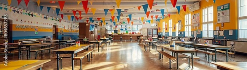 A festive school cafeteria decorated for a special event, with banners and students in party hats photo