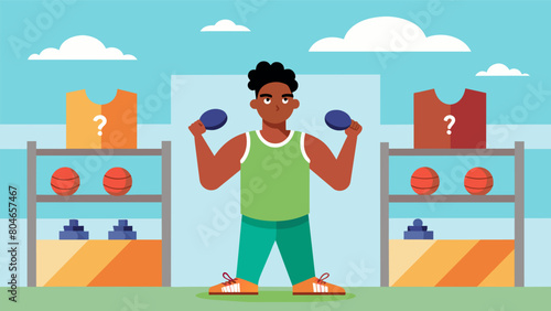 A track and field athlete struggling to choose between two preowned shot puts at the secondhand sports store.. Vector illustration