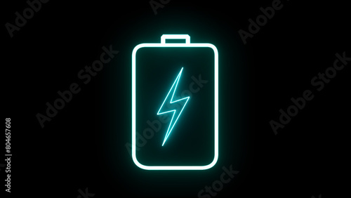 Blue color neon lightning bolt, glowing sign. Abstract neon bolt icon with circle on black background