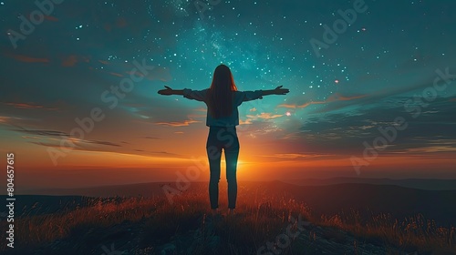 A woman is standing on a hillside, looking up at the sky. The sky is filled with stars and the sun is setting, creating a beautiful and serene atmosphere. The woman is in a state of peace and wonder