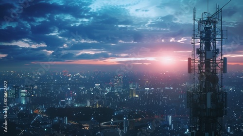 Telecommunication tower with 5G cellular network antenna on city background, Global connection and internet network concept