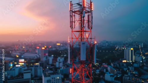 Telecommunication tower with 5G cellular network antenna on city background, Global connection and internet network concept photo