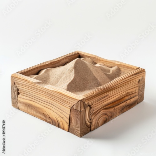 Wooden box overflowing with sand rests peacefully on a pristine white surface