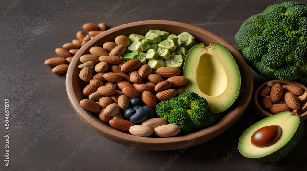 foods such as sliced avocado, fresh broccoli, and a variety of nuts like almonds and cashews.