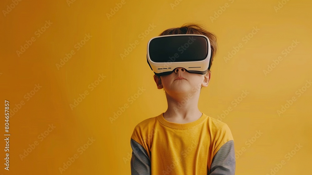 Expression of admiration of a child looking with VR glasses, experiencing 3D gadget technology on a yellow background. Expression of admiration of a child looking with VR glasses, experiencing 3D gadget technology on a yellow background.