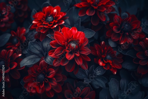 Stunning image of vibrant red dahlias blooming in a dark  moody garden setting  perfect for dramatic floral backgrounds and nature themes.  