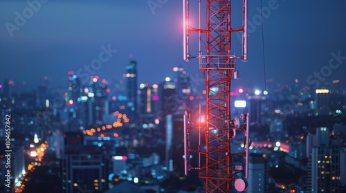 Telecommunication tower with 5G cellular network antenna on night city background
