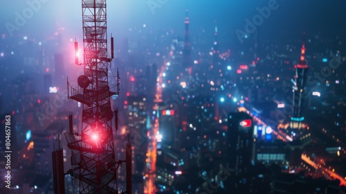 Telecommunication tower with 5G cellular network antenna on night city background