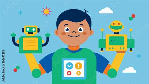 A child with Down syndrome proudly shows off their robot crafts built through a program that celebrates and supports the diverse abilities of all. Vector illustration