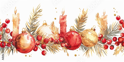 Festive Watercolor Border with Red and Gold Decorations Generative AI photo