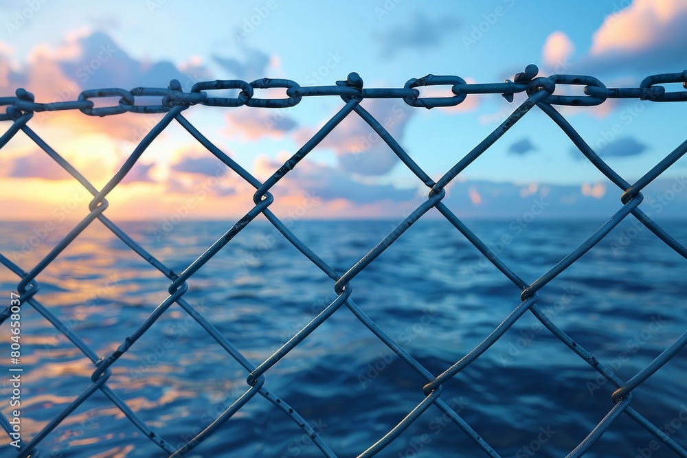 This image portrays a calming view of the endless ocean waves seen through the geometric lines of a chain-link fence at sunset This image portrays a calming view of the endless ocean waves seen through the geometric lines of a chain-link fence at sunset