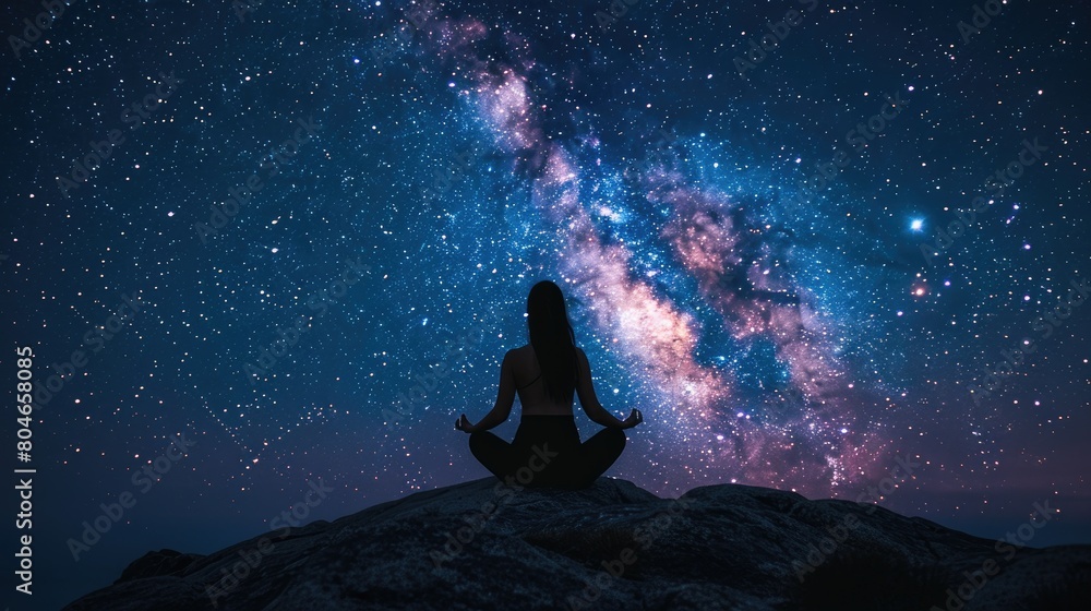 A woman meditating on a rock under a starry sky. Concept of peace and tranquility, as the woman is in a quiet and serene environment. The stars in the sky above her add to the calming atmosphere A woman meditating on a rock under a starry sky. Concept of peace and tranquility, as the woman is in a quiet and serene environment. The stars in the sky above her add to the calming atmosphere