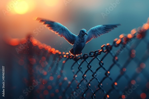 A captivating image showcasing a dove with outspread wings perched on a chain-link fence, illuminated by a soft backlight photo