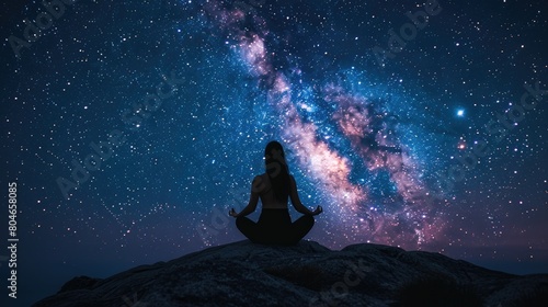 A woman meditating on a rock under a starry sky. Concept of peace and tranquility, as the woman is in a quiet and serene environment. The stars in the sky above her add to the calming atmosphere