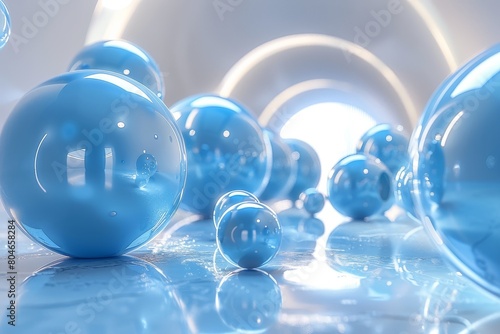 Close-up shot of glossy blue spheres with a focused depth effect  casting a tranquil ambiance across the reflective foreground