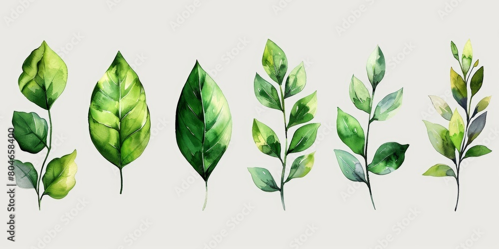 Watercolor Green Leaves on White Background Generative AI Watercolor Green Leaves on White Background Generative AI