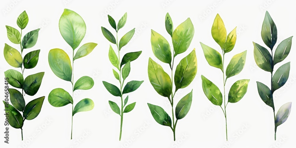 Watercolor Green Leaves on White Background Generative AI