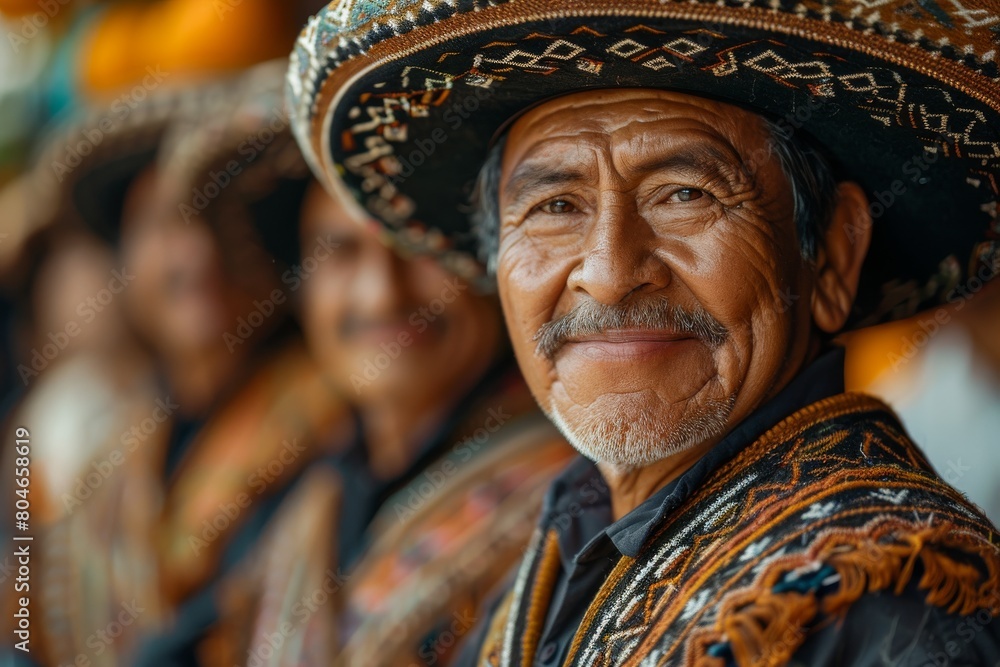 An elderly man smiling warmly, wearing a traditional hat and colorful embroidered clothing