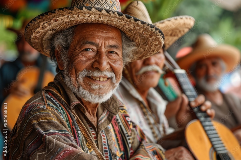 A senior musician with a joyous smile holds a guitar, wearing a traditional hat and patterned shirt A senior musician with a joyous smile holds a guitar, wearing a traditional hat and patterned shirt