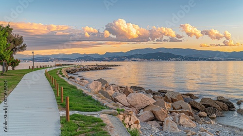 the sea, featuring an endless sidewalk leading to rocky shores, accompanied by a sky adorned with yellowish hues and fluffy white clouds drifting above the water's surface. © lililia