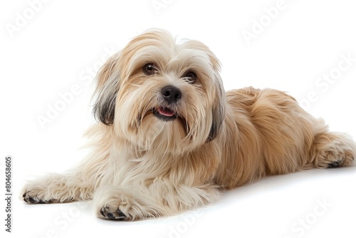 Young Pedigreed Lhasa Apso: Furry Long-Haired Dog Breed Portrait on White Background  photo