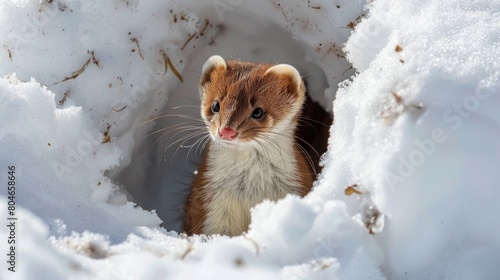 Winter Weasel in Snow Hole. Close-up of White Fur Beast Basking in Sunlight in the Wild photo