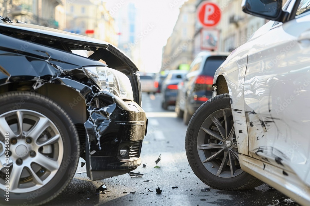 Collision Aftermath: Close-Up of Damaged Cars in Post-Accident Scene (Insurance Claim Photo)