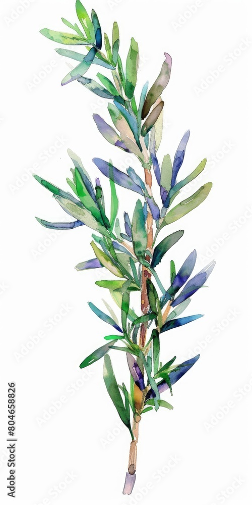 Fototapeta premium Watercolor Rosemary Twig Illustration on Isolated Green Background. Symbol of Nature's Medicine
