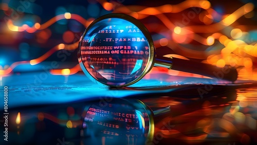 Examining IT Security: An Abstract Representation with a Magnifying Glass and Document. Concept IT Security, Cybersecurity, Abstract Representation, Magnifying Glass, Document