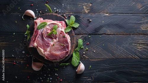 Whole Raw Lamb Shoulder Leg Meat with Garlic and Mint on Dark Wooden Background. Butcher's Delight