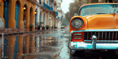 Classic orange car on a rain-soaked street showcases vintage charm and urban aesthetics. The reflective wet road enhances the vivid colors and architecture of the picturesque city backdrop © Denniro