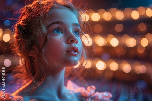 Portrait of a young girl with mesmerizing eyes looking up, illuminated by colorful lights