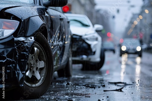 Collision Aftermath: Close-Up of Damaged Cars in Post-Accident Scene (Insurance Claim Photo)