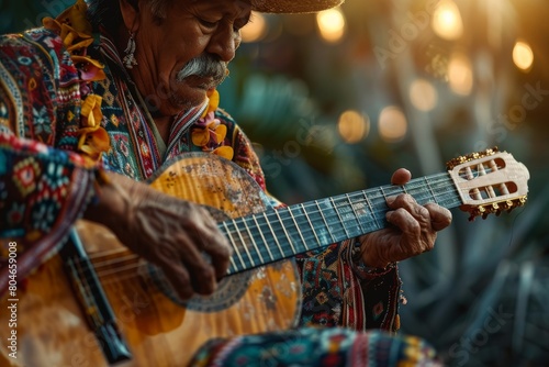 A musician in vivid attire playing a classic guitar surrounded by soft bokeh lights, bringing an ethnic touch photo