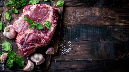 Whole Raw Lamb Shoulder Leg Meat with Garlic and Mint on Dark Wooden Background: Top View