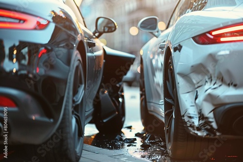 Collision Aftermath: Close-Up of Damaged Cars in Post-Accident Scene (Insurance Claim Photo)