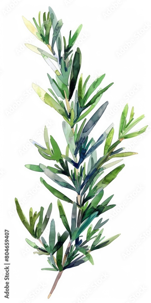 Obraz premium Watercolor Rosemary Twig Illustration. Isolated Green Leafy Branch of Rosemary Plant 