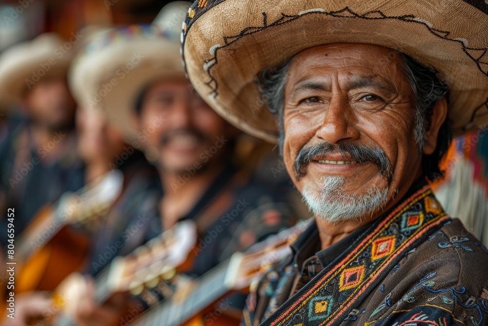 Close-up of a joyful man in traditional Mexican attire with a sombrero playing the guitar The focus is on the man's welcoming smile