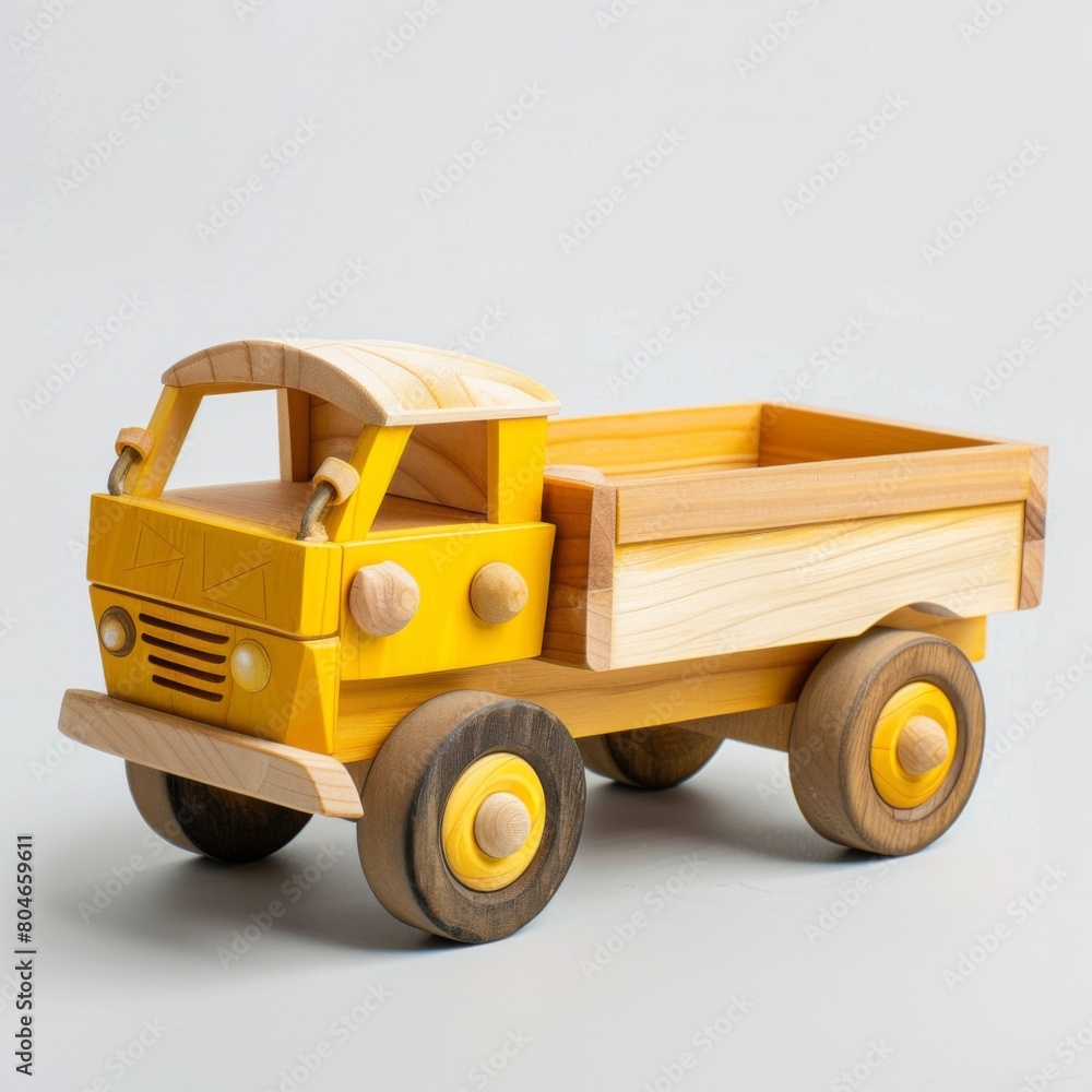 Wooden toy truck with bright yellow wheels on a white background Wooden toy truck with bright yellow wheels on a white background