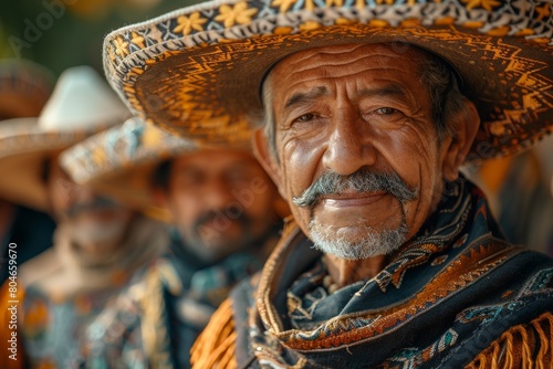 A thoughtful close-up of a seasoned mariachi with a sombrero, focused on his facial expression