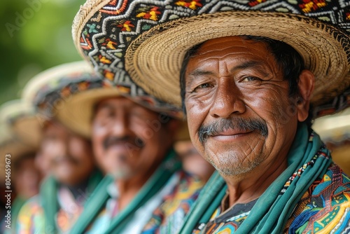 Warm portrayal of musicians wearing vibrant sombreros and embroidered jackets, smiling at the camera