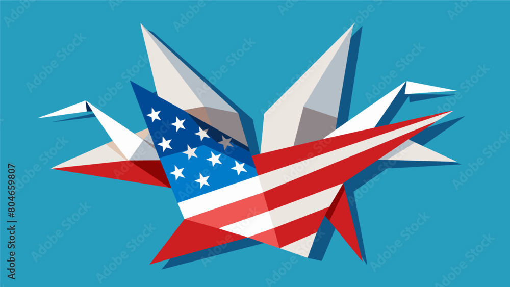 Delicate paper cranes donning American flag colors crafted by skilled hands and displayed proudly as a symbol of unity and patriotism.. Vector illustration