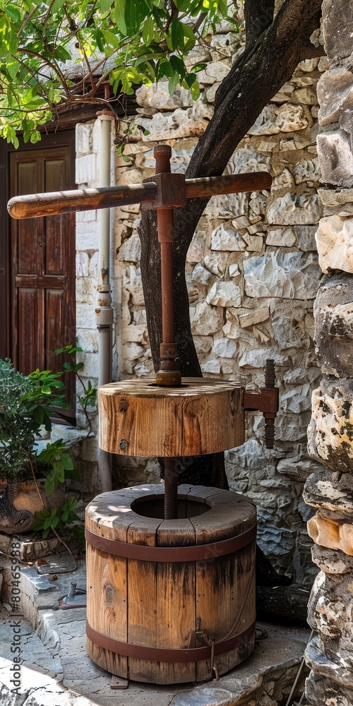 Vertical Image of Traditional Wooden Olive Press in a Village Travel Back in Time Vertical Image of Traditional Wooden Olive Press in a Village Travel Back in Time