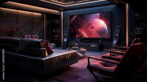 A state-of-the-art home theater system with wireless speakers, Dolby Atmos surround sound, and photo