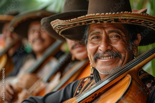 Warm close-up of a mariachi musician smiling earnestly with his violin, focused and joyous