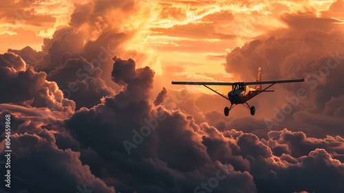 Tricycle Ultralight Adventure in Sunset Silhouette Above Stormy Clouds photo
