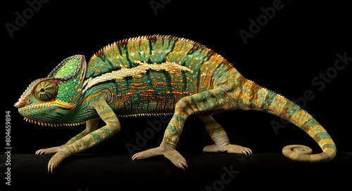 Veiled Chameleon - Isolated Side View of Wild Reptile, Chamaeleo Calyptratus, in Studio Shot